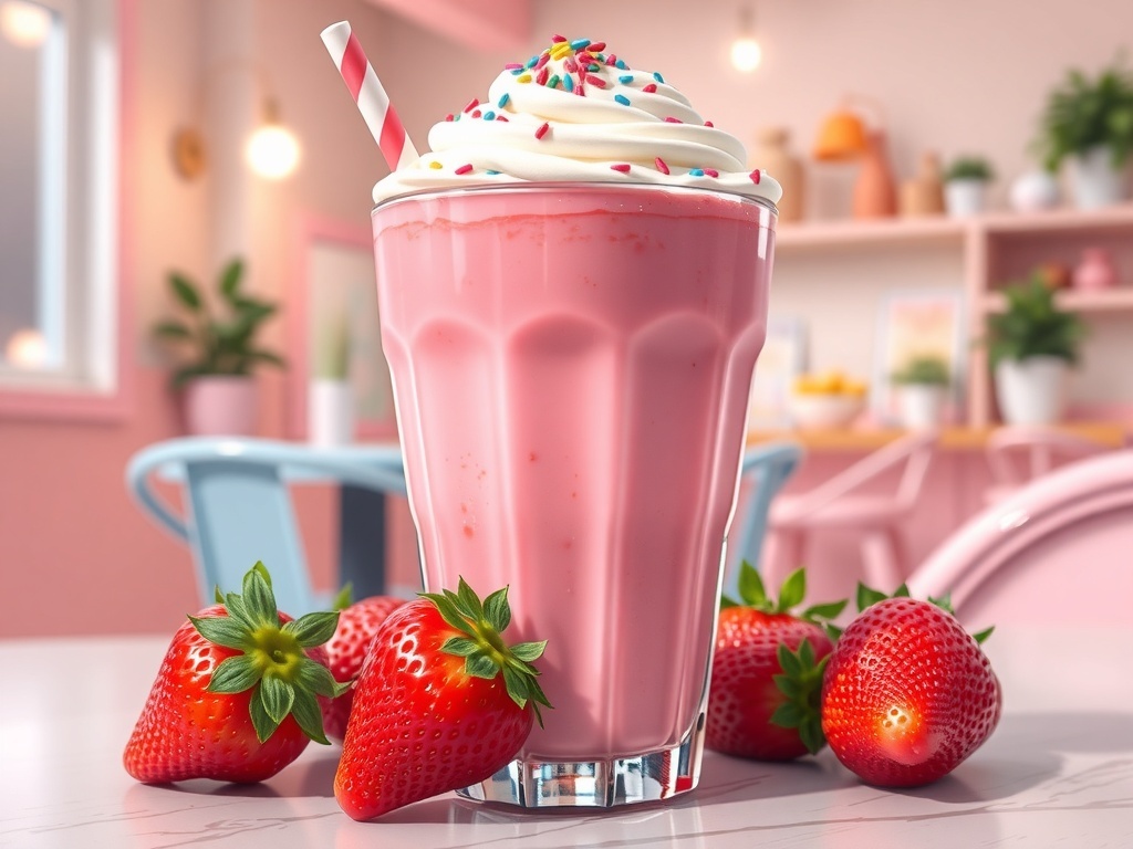 Strawberry Milk Café Drink Recipe A refreshing strawberry milk drink in a glass topped with whipped cream and sprinkles, surrounded by fresh strawberries in a cozy café.